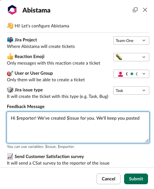 Configure emoji reaction and link it to a Jira project